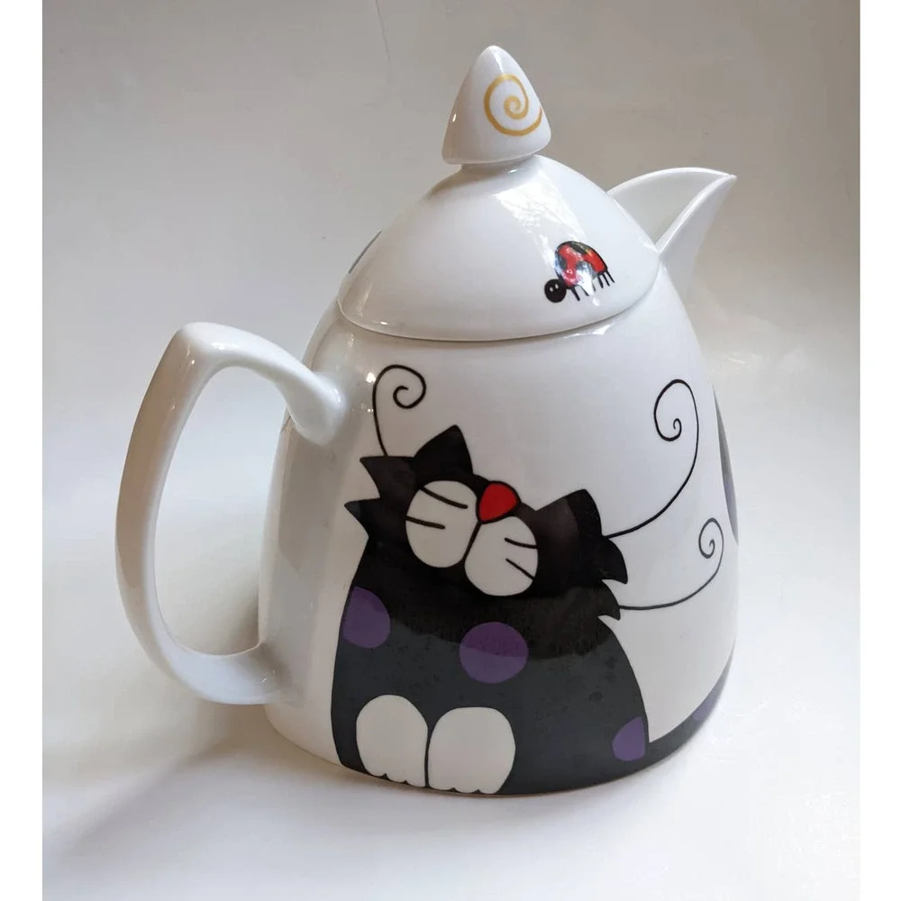 Vintage 90's Y2K Cat Teapot, Bone China with Art Deco Black & White‎ Cat Design